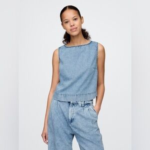 GAP UltraSoft Denim Shell Tank Size S Acid Wash Back Button Closure Wide Hem